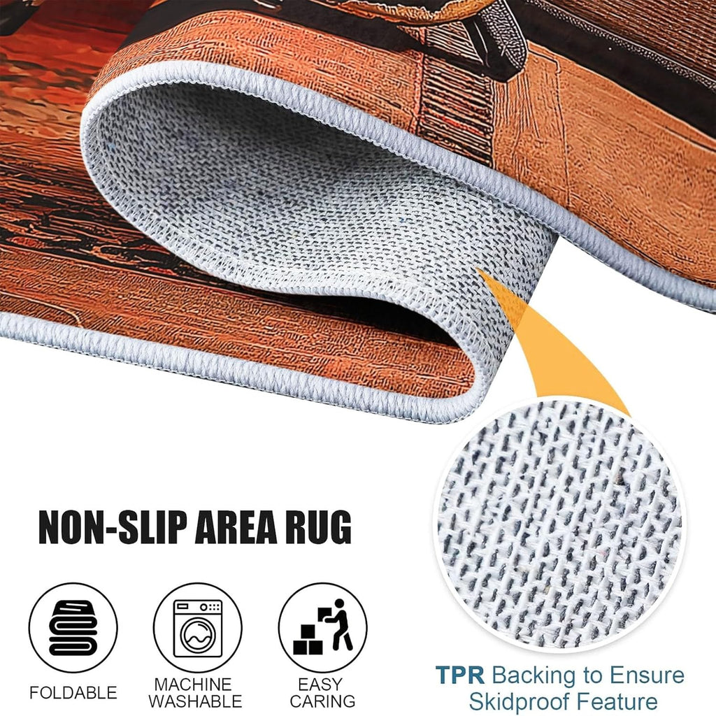 Retro Style Drum Set Guitar Area Rug 5 x 8 ft Washable Large Runner, Black Soft Low Pile Non-Slip Carpet, for Living Room Home Carpet Non Skid Floor Mat