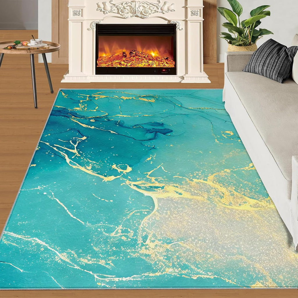 Light Green Gold Marble Area Rug, Modern Abstract Rugs for Living Room, Easy Clean Carpet Washable Indoor Non-Slip Rug for Boys and Girls Nursery Bed Living Room Carpets Nursery Decor,6 x 8ft