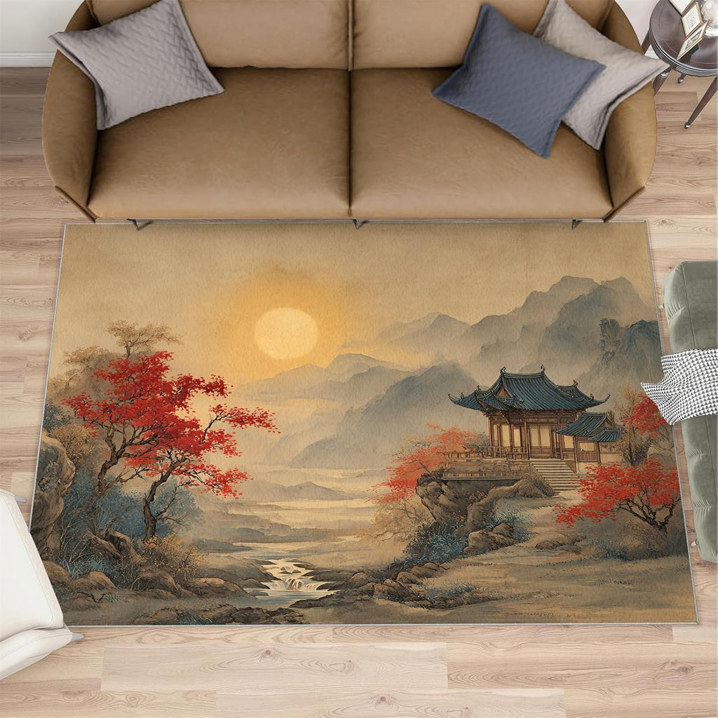 Chinese Rugs for Bedroom, Landscape Rug 6x8, Oriental Ink Painting Dining Room Rugs Washable & Non Slip Large Carpet for Home Decor