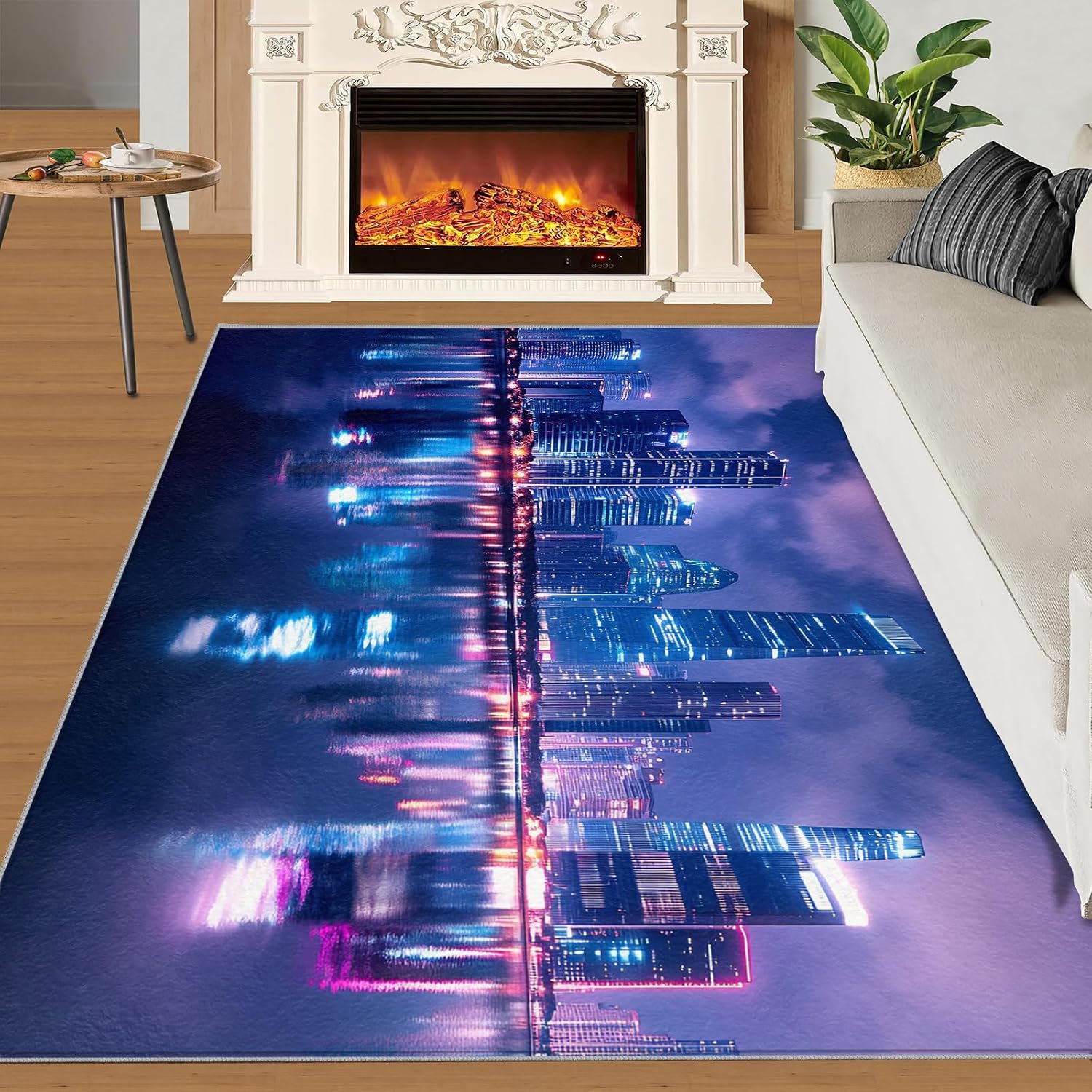 Futuristic Rugs for Living Room 6x8 Rug, Sci-Fi City Area Rug, City Night Scene Rugs, Large Machine Washable Rug, Non-Slip Floor Carpet for Bedroom Kids Room Home Decor