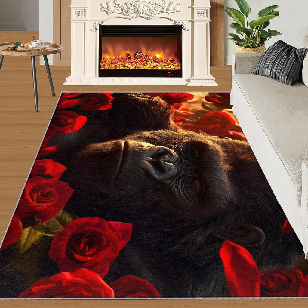 Gorillas Rug - 6x8 Rugs for Bedroom, Rose Gorillas Area Rug, Black Monkey Washable Rugs for Living Room, Non Slip Animal Indoor Carpet - Home Decor, Tropical Wildlife Gifts for Kids