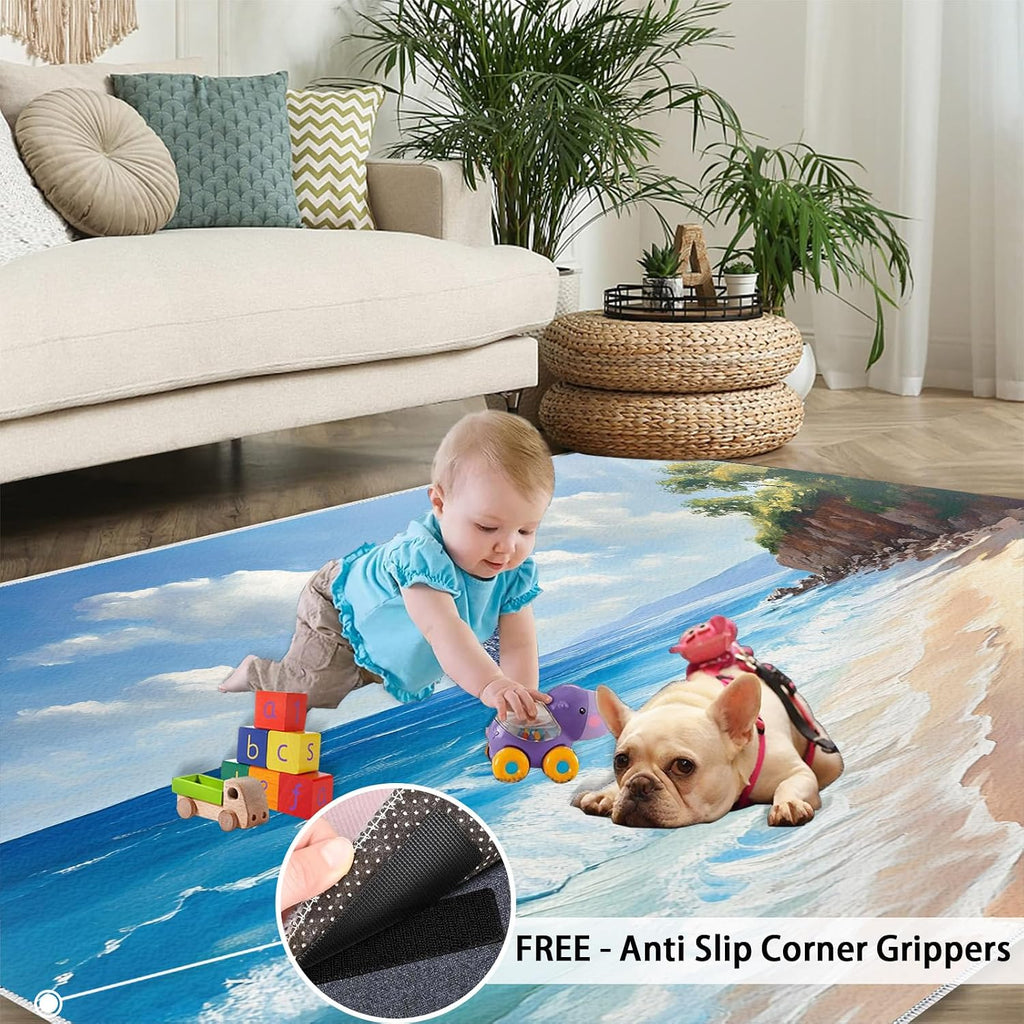 Beach Rug 6x8, Tropical Scenery Rugs for Living Room, Cartoon Rugs for Bedroom, Low Pile Washable Area Rug, Non Slip Carpet for Hardwood Floors