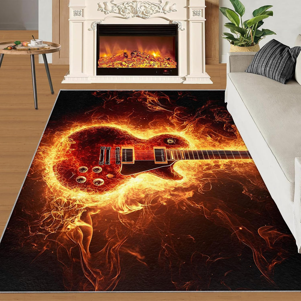 Guitar Rugs for Bedroom Girls, Flame Guitar Rug 5x8, Rock Music Living Room Rugs Washable & Non Slip Carpet for Home Decor