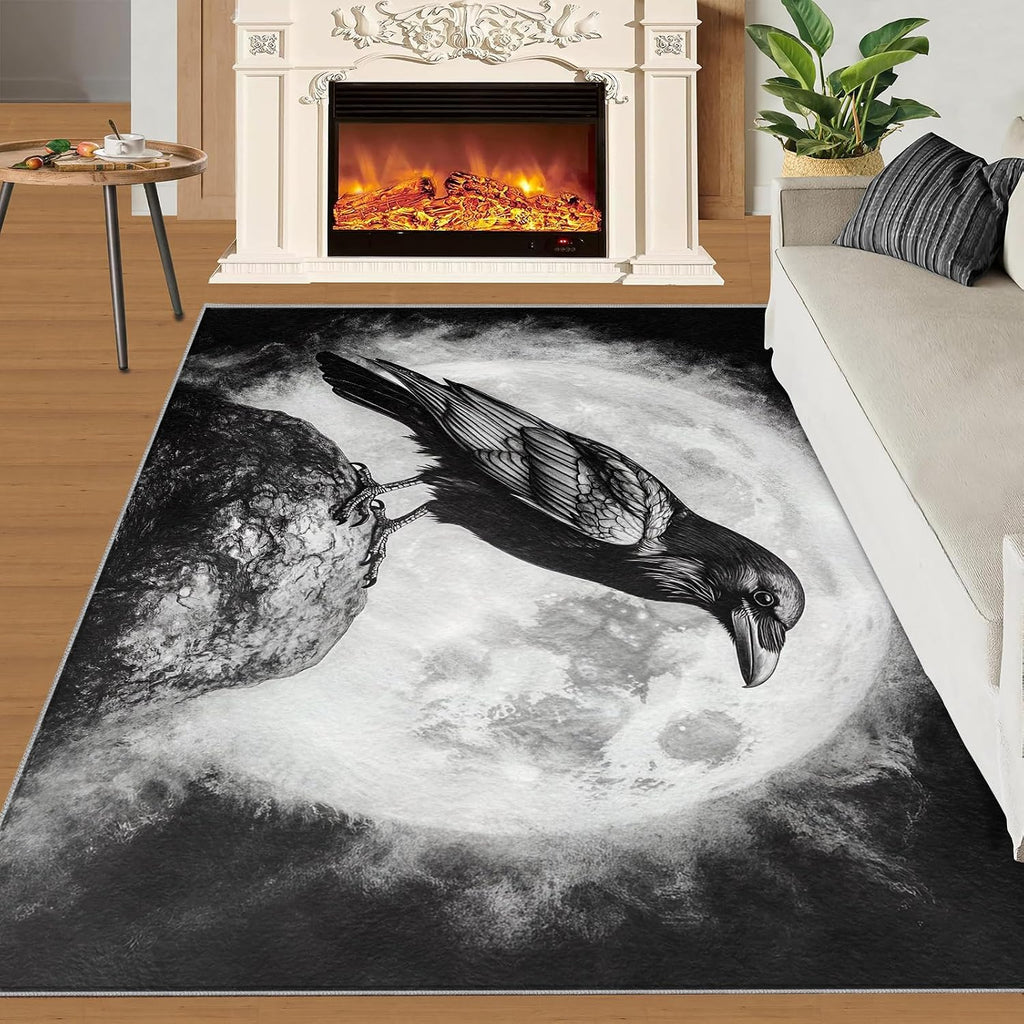 Black and White Carpet - Large Rug 6x8 - Crow Rugs for Living Room - Soft & Non Slip & Washable Rugs for Bedroom, Full Moon Carpets for Dining Room Lounge Girls Room
