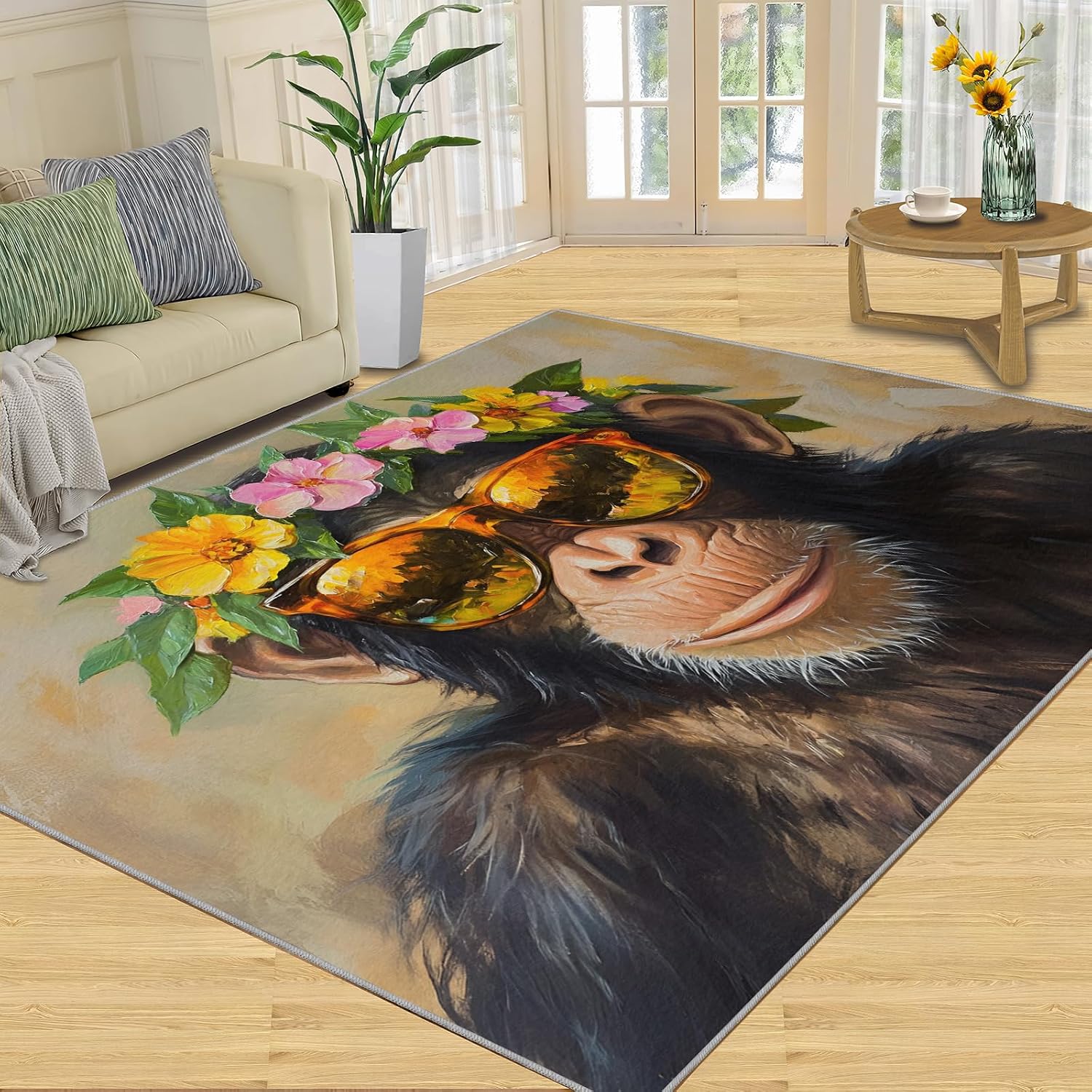 6x8 Chimp Area Rug - Chimpanzee Large Rugs for Living Room, Floral Crown Chimpanzee Carpet Area Rug for Girls Bedroom Kids Room Basement Office Classroom
