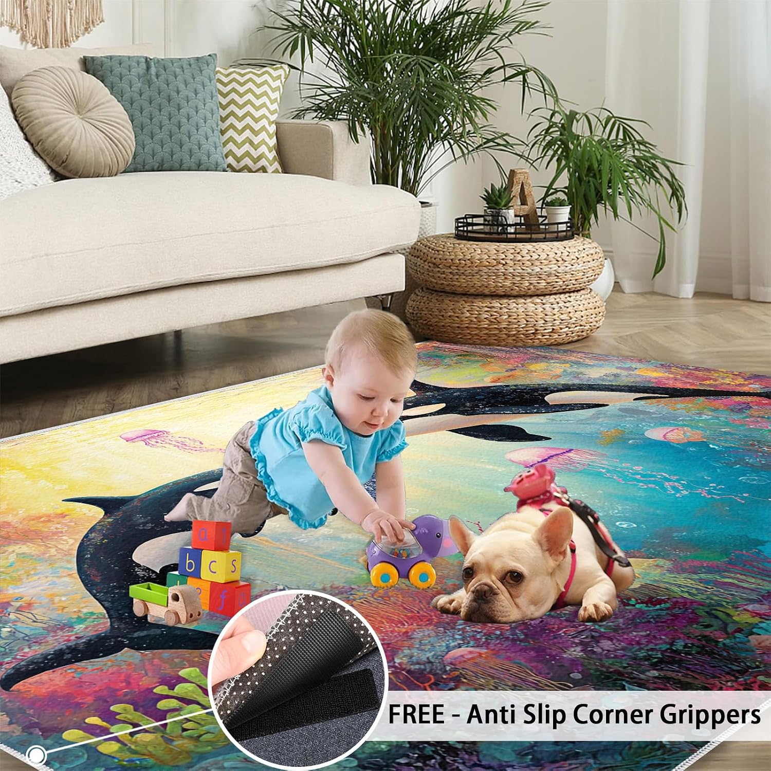 Dolphin Area Rug 6x8, Ocean Shengw Rugs for Living Room, Dolphin Rug for Bedroom, Machine Washable Rugs for Kitchen Dining, Home Decor Carpet