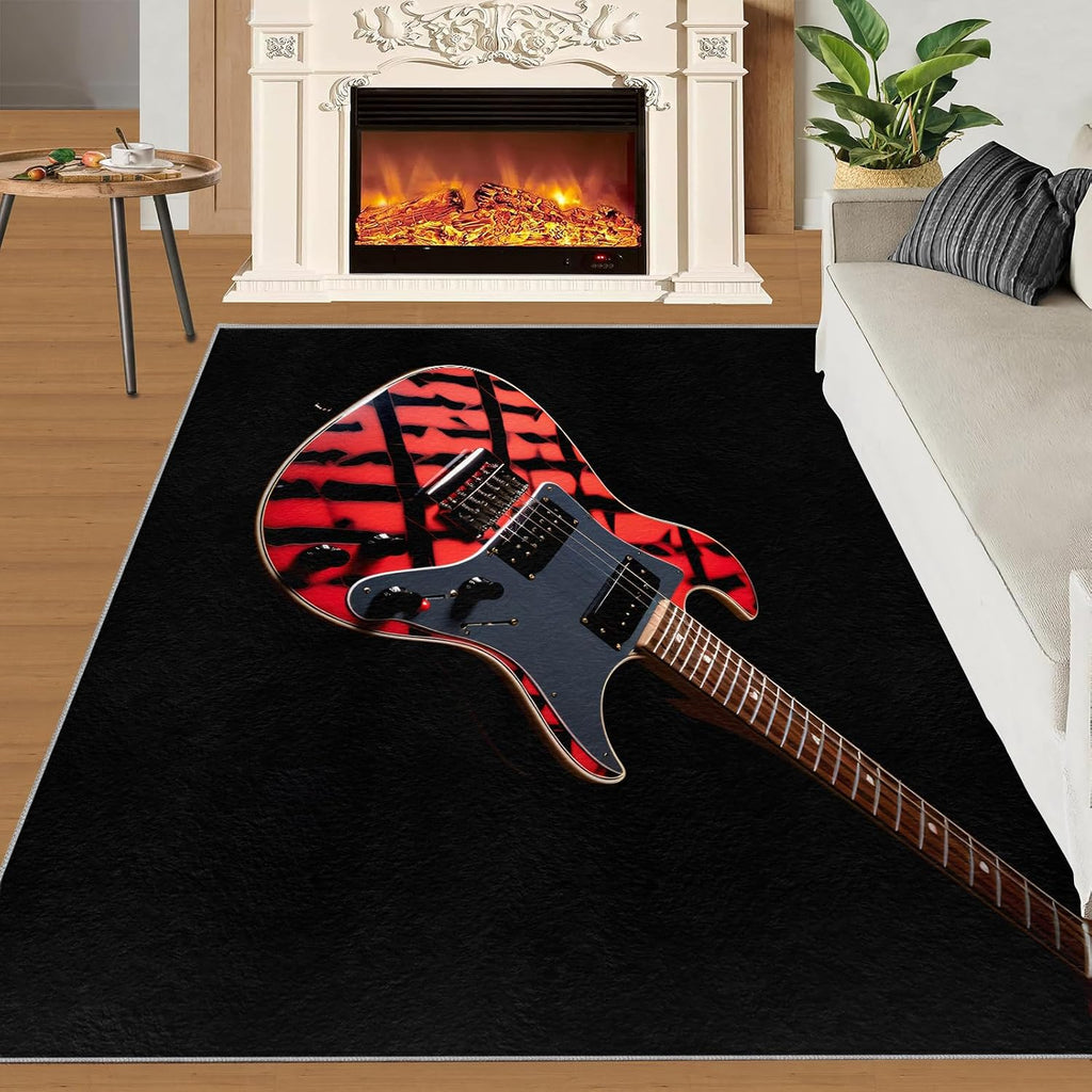 Guitar Rugs for Music Room - Boys Musical Rug, 6x8 Rug, Music Washable Rugs for Living Room Bedroom, Color Area Rug, Rock and Roll Carpet - Home Decor, Electric Guitars Gifts for Men