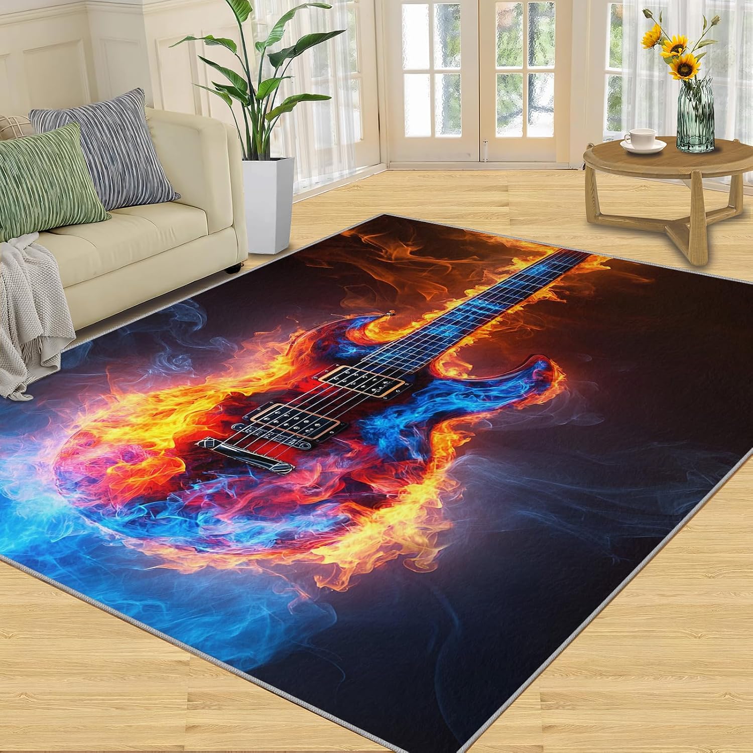 Guitar Rug 6x9, Flame Guitar Area Rugs for Bedroom, Rock Music Rugs for Boys Room, Low Pile Non Slip Carpet for Computer Game Room Dormitory