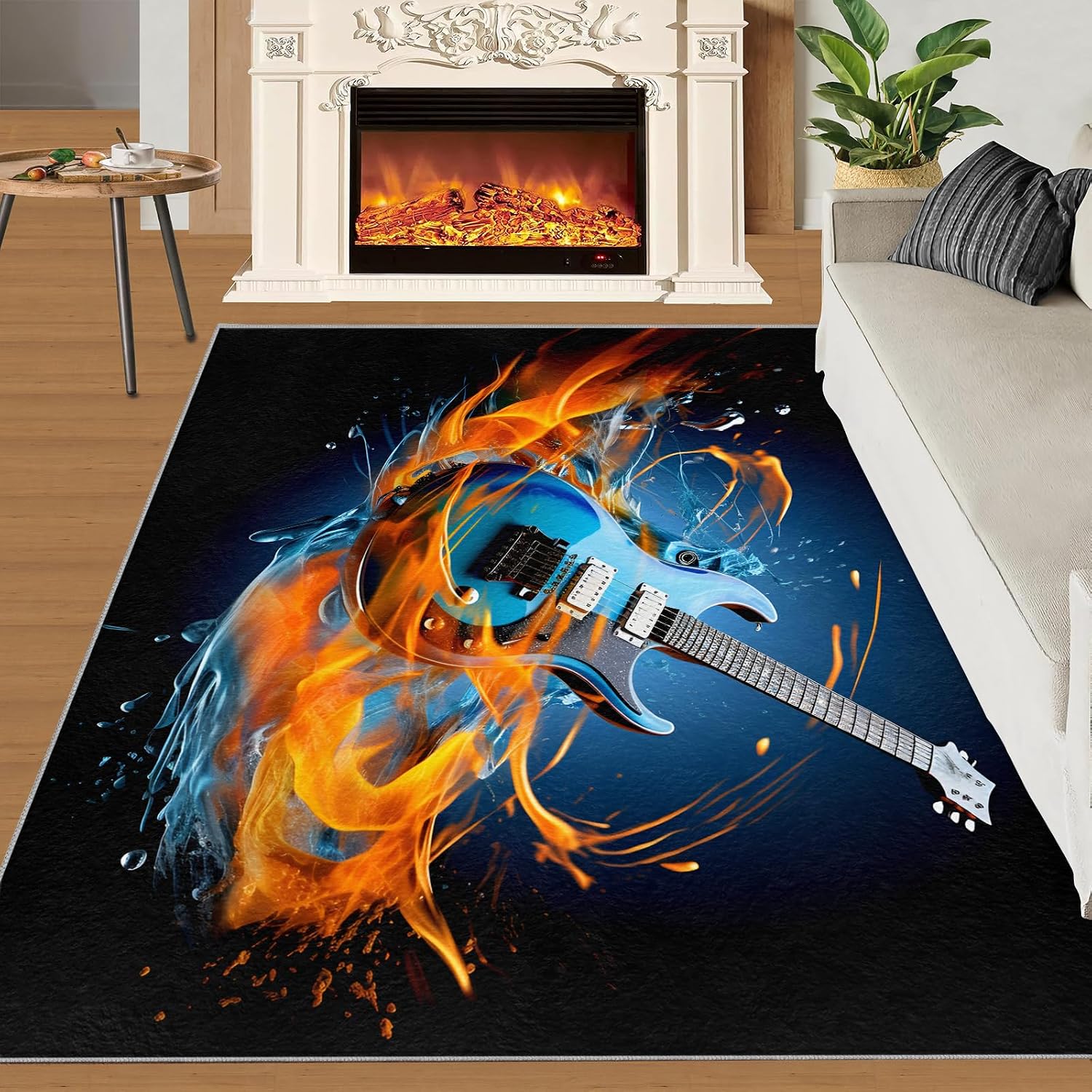 Guitar Rugs for Music Room - 5x7 Rug, Music Home Decor, Boys Musical Washable Rugs for Living Room Bedroom, Blue Area Rug, Rock and Roll Carpet, Electric Guitars Gifts for Men