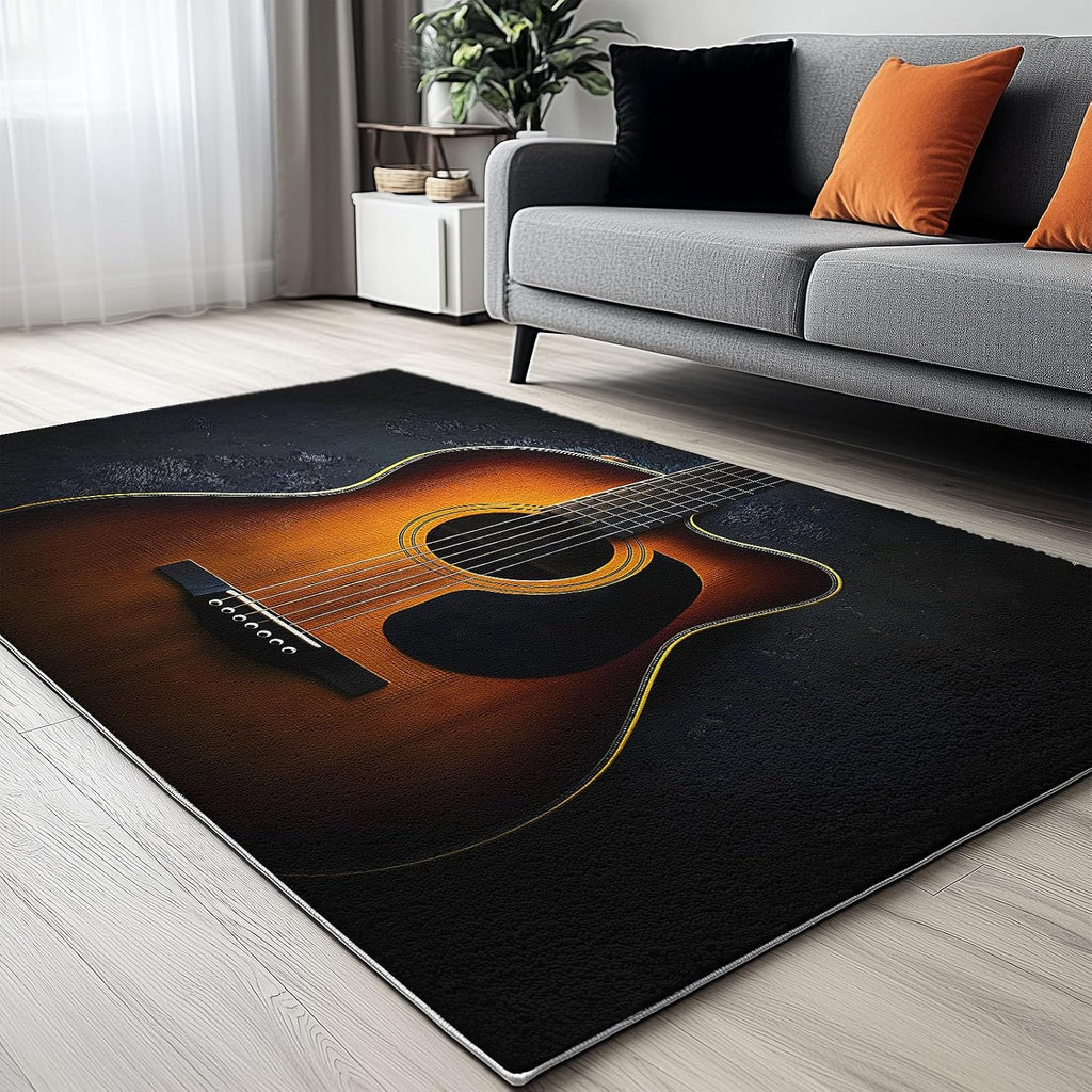 Minimalist Guitar Washable Modern Area Rug - 5 x 7 ft Rugs for Living Room, Bedroom, Machine Washable Rug Soft Non Slip Non Shedding Area Rug - Black, 5 x 7 ft