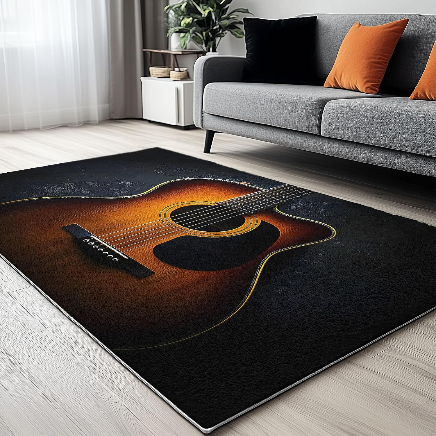 Washable Non-Slip Area Rug Resistant, Minimalist Guitar Theme for of Living Room Bedroom Kids Room, Nursery, Office, Kitchen, Black 5 x 8 ft Carpet Pet & Child Friendly