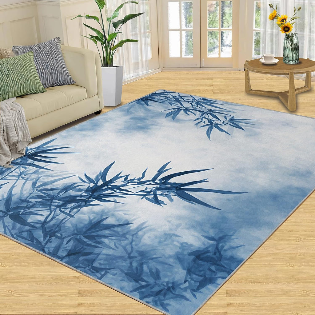 Bamboo Rugs for Bedroom, Bamboo Leaves Rug 6x8, Botanical Dining Room Rugs Washable & Non Slip Large Carpet for Home Decor