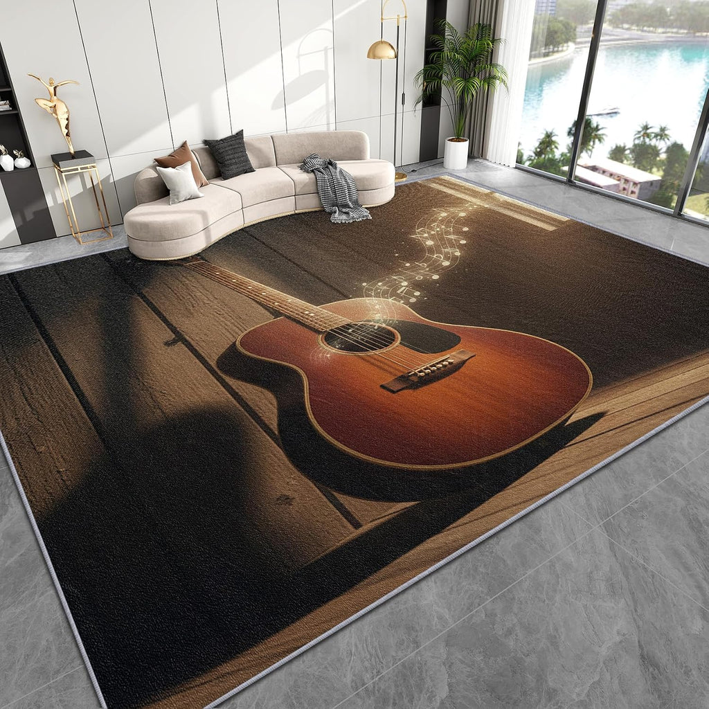 Guitar Rugs for Music Room - 6x8 Rug, Music Note Living Room Rugs, Vintage Guitar Bedroom Rug, Music Themed Carpet, Retro Musical Home Decor & Gifts