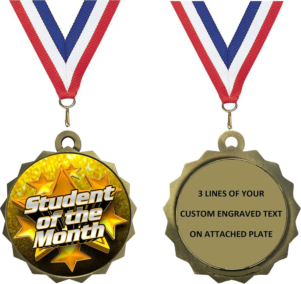 Express Medals 1 to 50 Packs of Engraved Student of The Month Gold Medal Trophy Award with Neck Ribbon & Attached Engraved Plate on Back LAZD214-FCL553