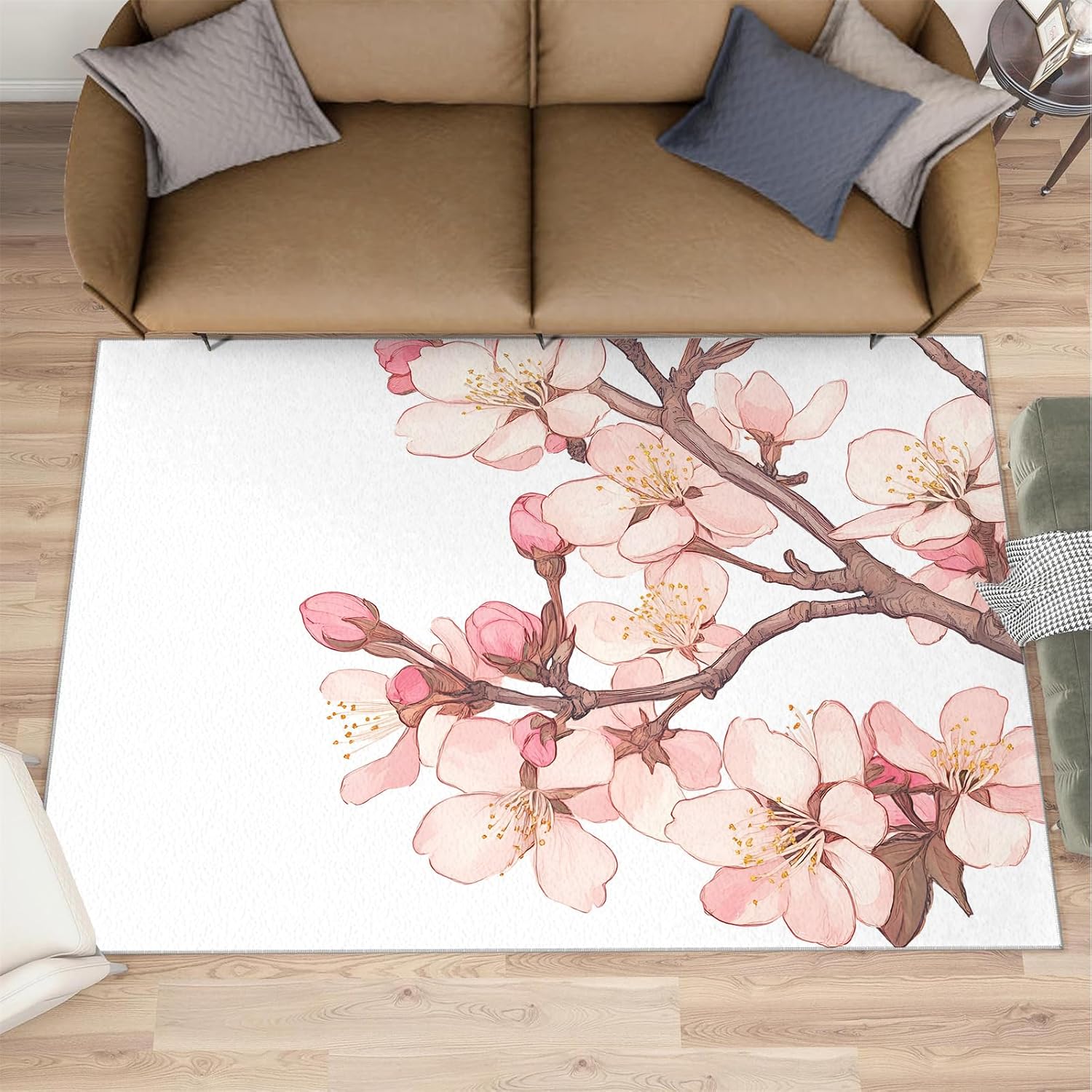 Cherry Blossom Rug 6x8-6x8 Rug, Watercolor Flower Area Rugs for Living Room Bedroom, Spring Flower Area Rugs, Floral Washable Carpet, Japanese Carpet, Floral Home Decor