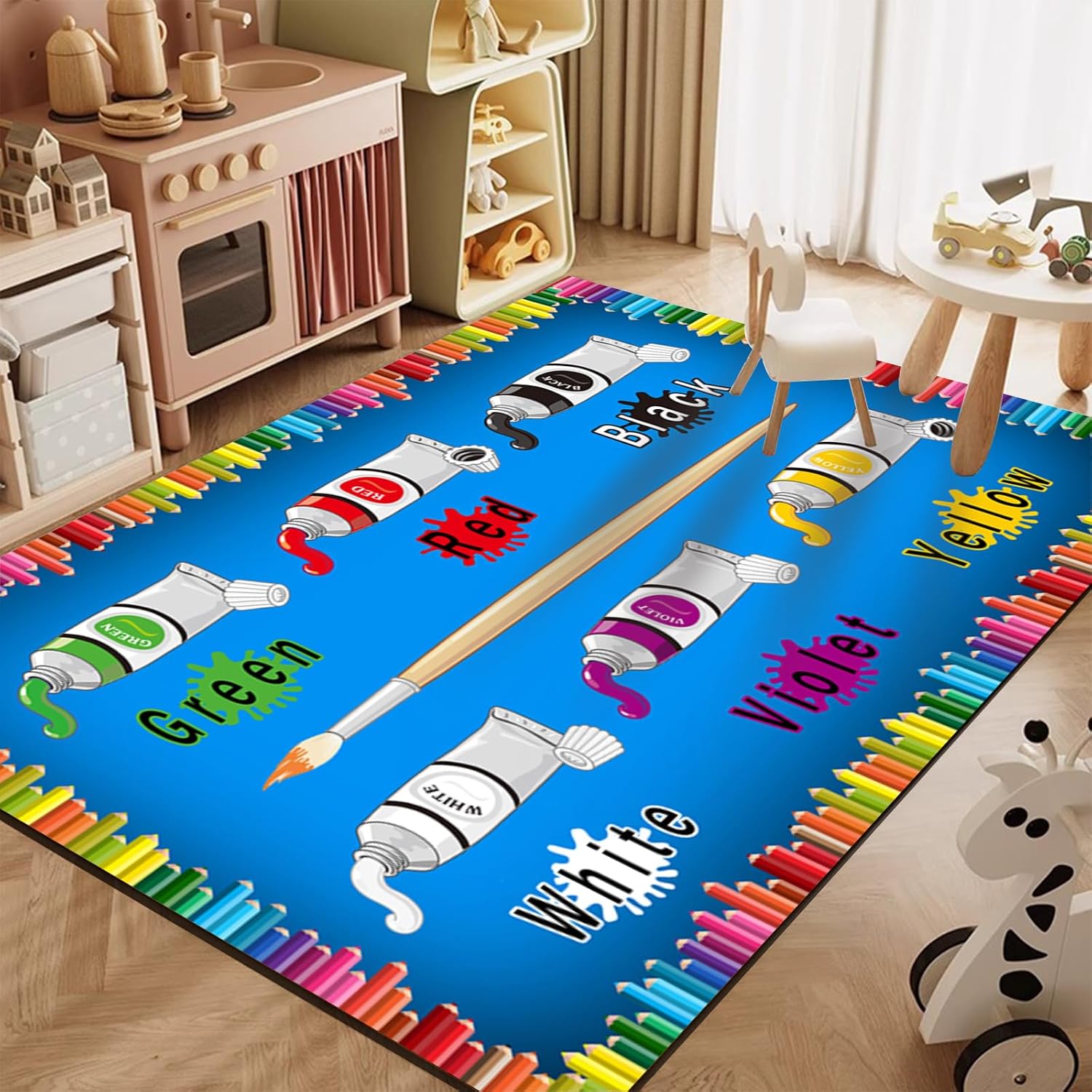 Crayon English Learning Daycare Rug, 6x8ft, Learn Colors Educational Indoor Rugs, Soft Absorbent Bedside Area Rug, Durable Shed Resistant Easy Clean Floor Carpet for Kids Bedroom Dorm