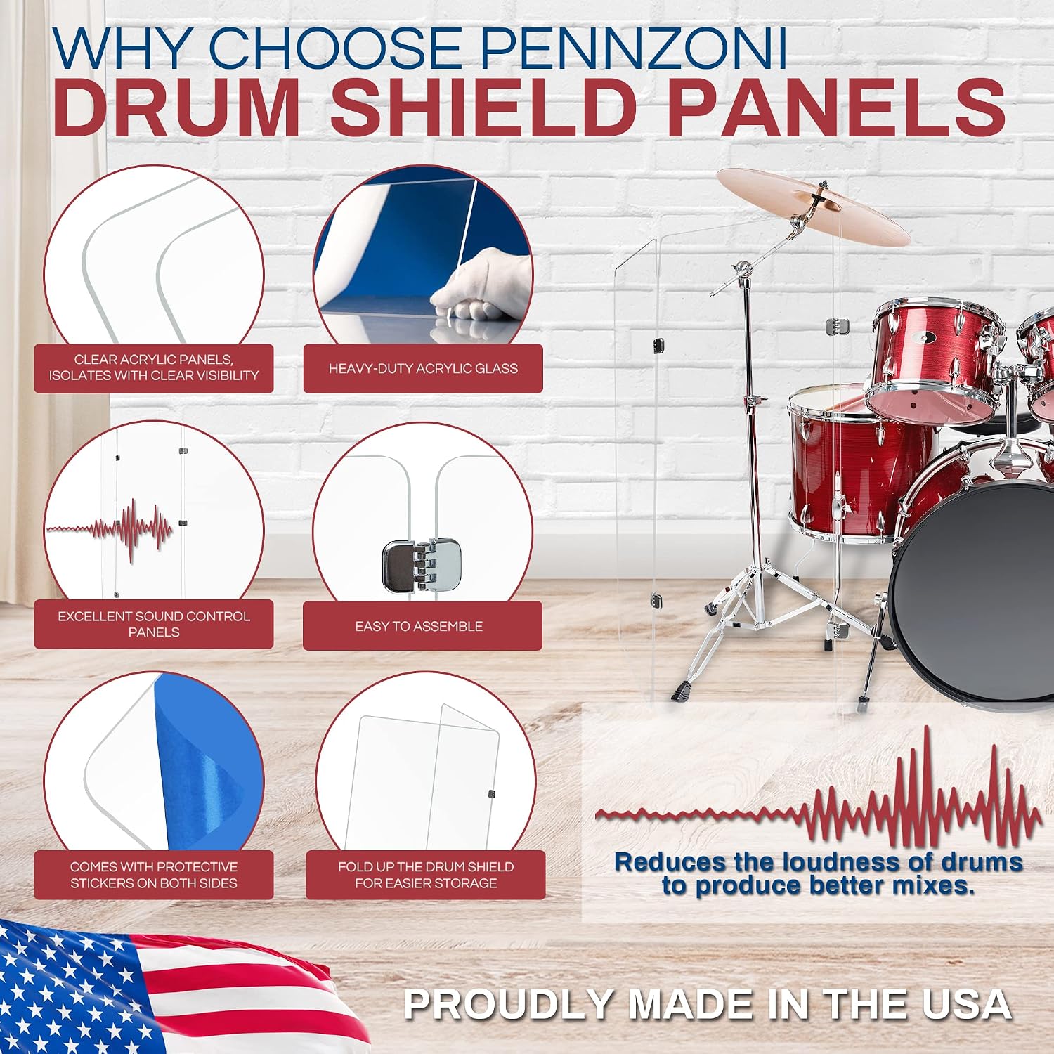 PENNZONI Drum Shield 4ft w/Chrome Hinges, Comes w/ 5 Drum Panels, & 8 Chrome Hinges, Premium Clear Acrylic Panels, Drum Screen