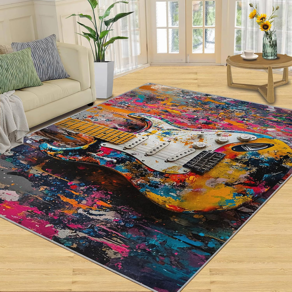 Street Graffiti Area Rugs 8x10 - Electric Guitar Rugs for Living Room, Pop Abstract Art Modern Boy Nursery Rug Soft Washable for Classroom Office Bedroom Kids Room