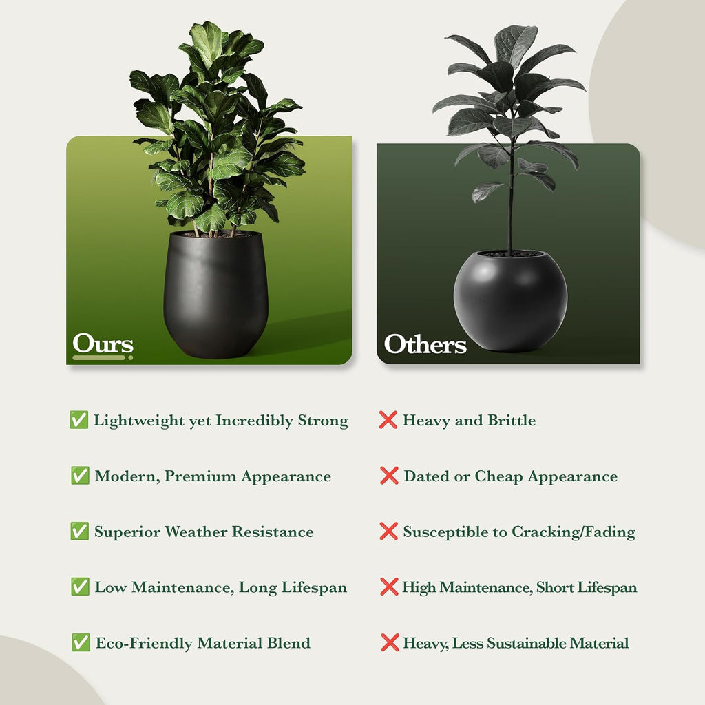 DTY Premium Mt Wilson Tall Tapered Fiberstone Planter for Indoor Outdoor Use, Modern Large Olive Tree Pot with Drainage Hole, Includes 2 Coco Mats. Black, Large 20.1'' D x 21.9'' H. 15.4' Pot Opening