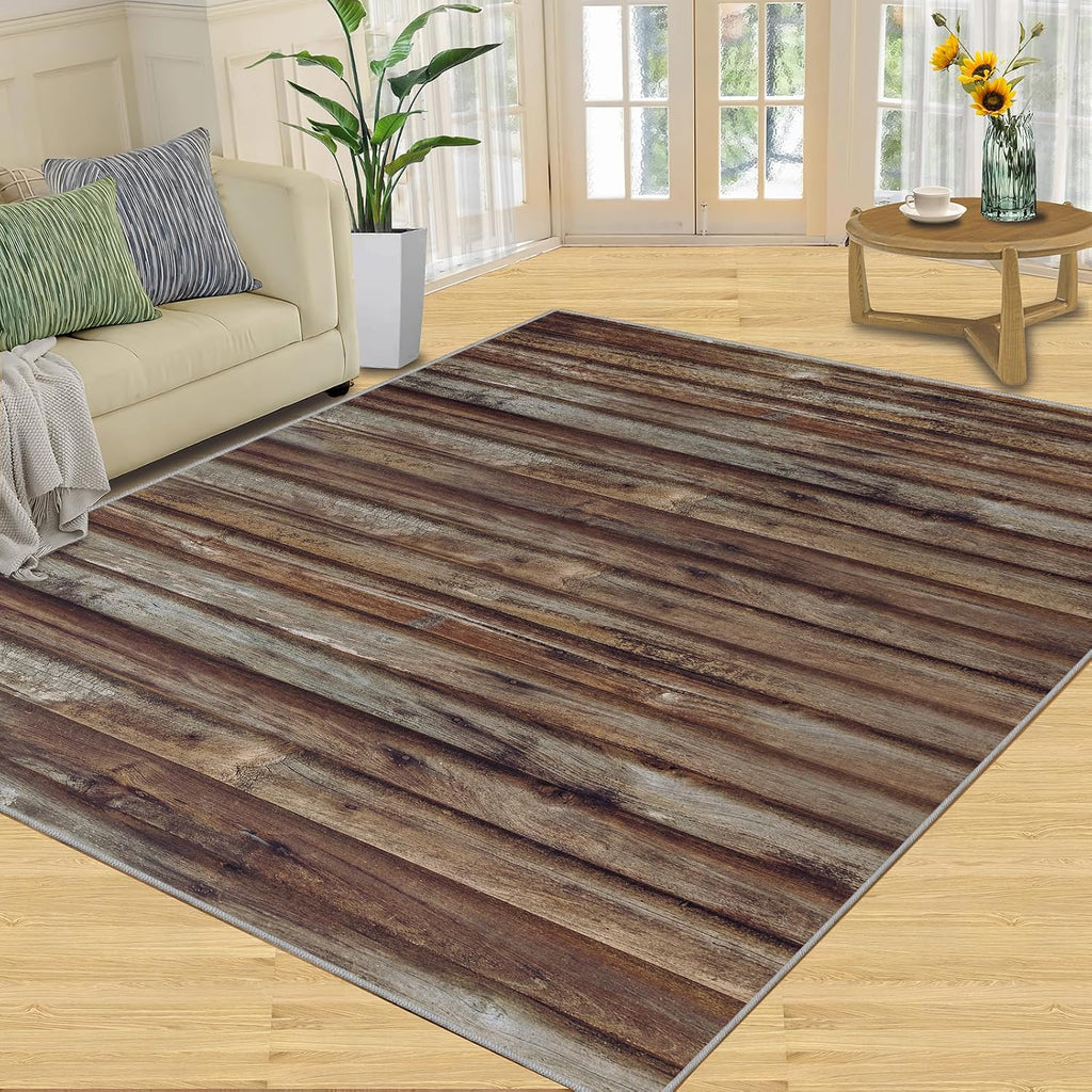Brown Striped Wood Texture Area Rug, Modern Simple Rugs for Living Room, Easy Clean Carpet Washable Indoor Non-Slip Rug for Boys and Girls Nursery Bed Living Room Carpets Nursery Decor,6 x 8ft