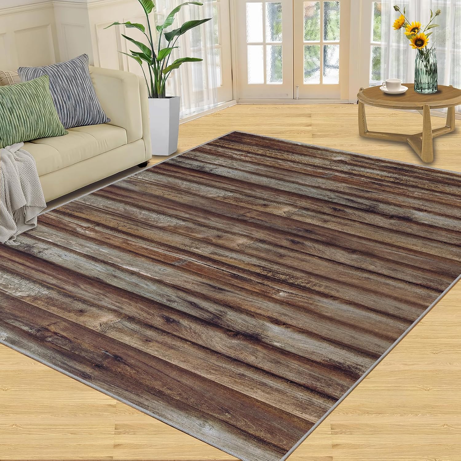 Brown Striped Wood Texture Area Rug, Modern Simple Rugs for Living Room, Easy Clean Carpet Washable Indoor Non-Slip Rug for Boys and Girls Nursery Bed Living Room Carpets Nursery Decor,6 x 8ft