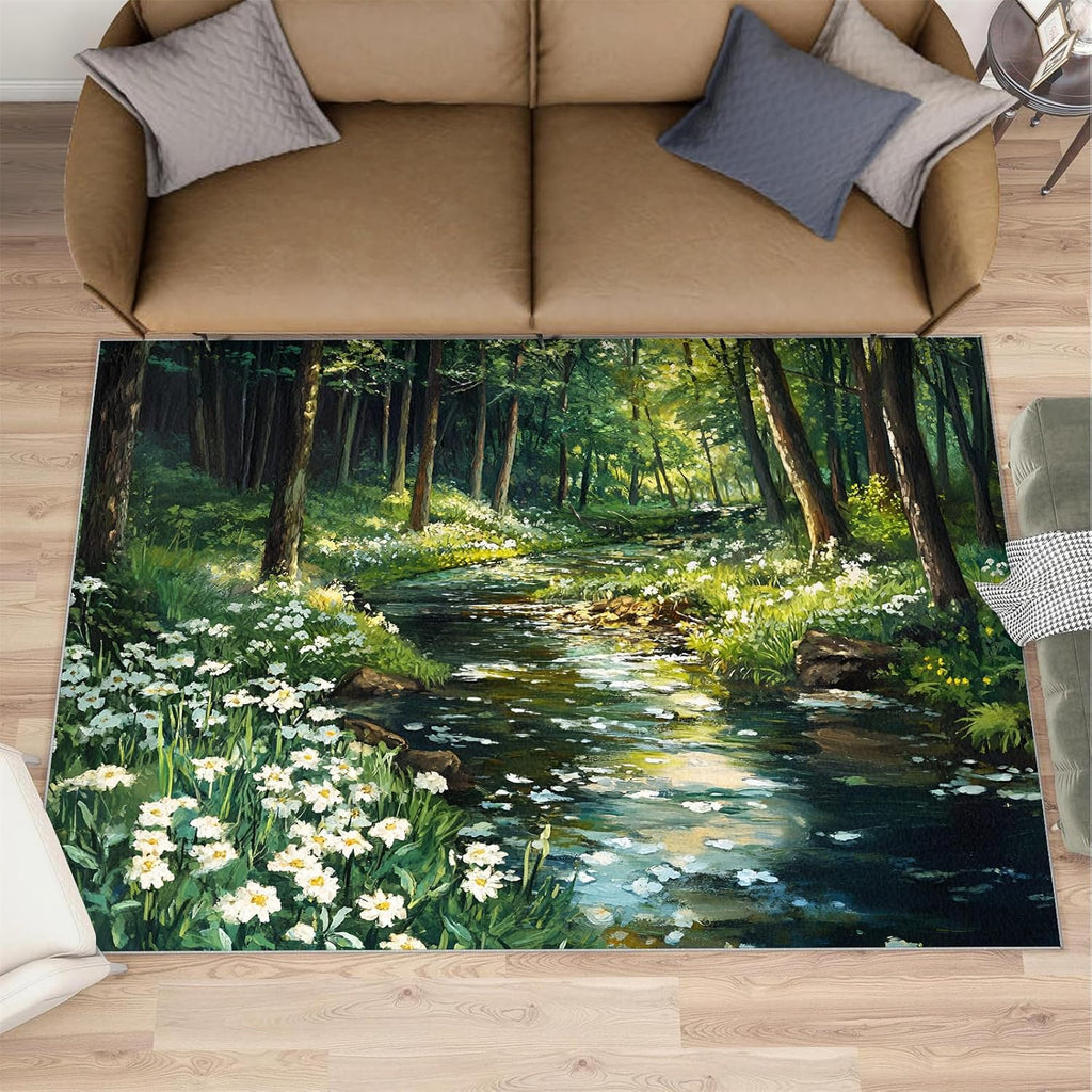 Forest Rug 6x8 - Forest Stream Large Rugs for Living Room, Natural Scenery Carpet Area Rug for Girls Bedroom Kids Room Basement Office Classroom
