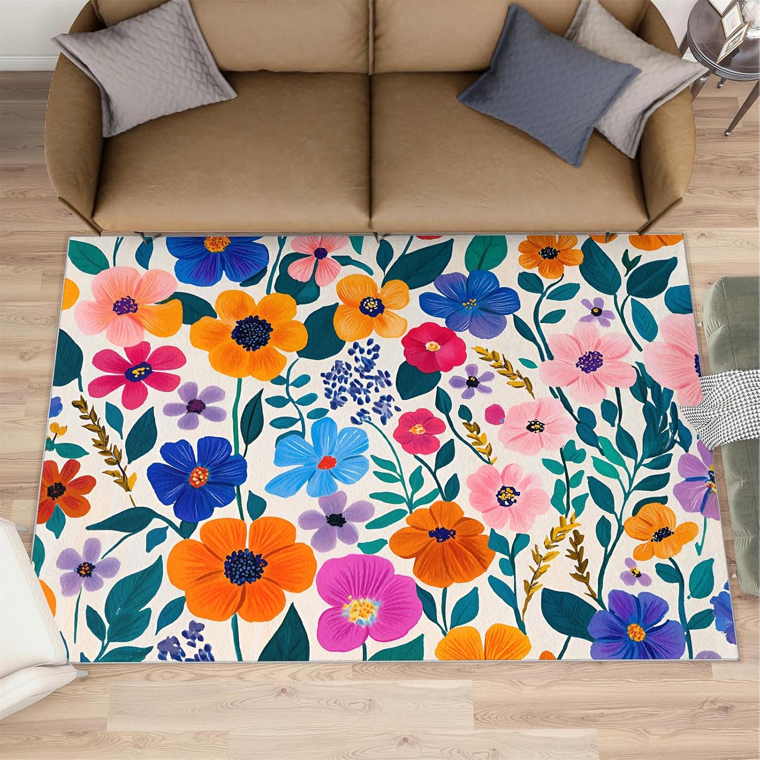 Colorful Florals Rug 6x8 - Simple Florals Large Rugs for Living Room, 1970s Flowers Carpet Area Rug for Girls Bedroom Kids Room Basement Office Classroom