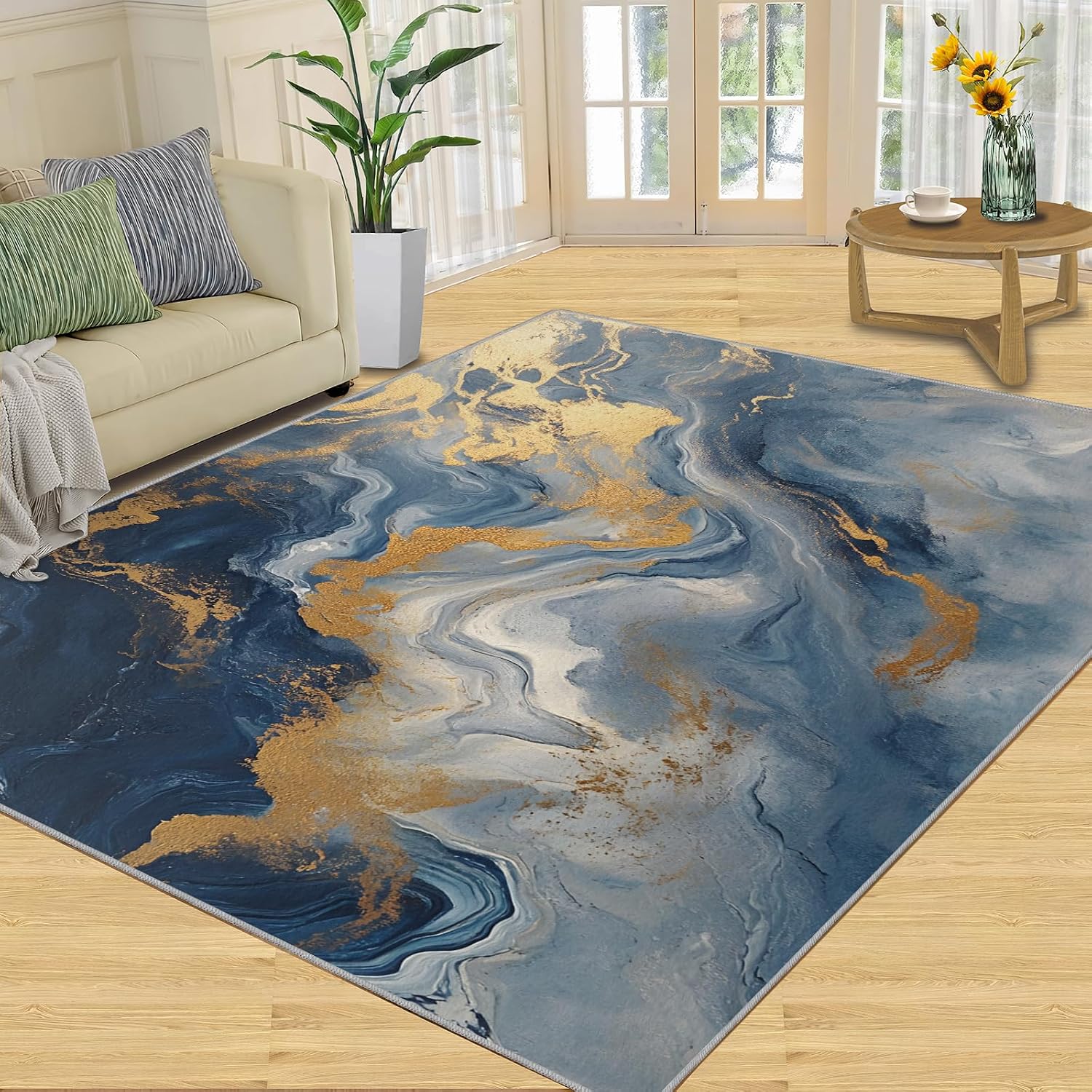 Blue Marble Area Rug, Marble Print Rugs, Machine Washable Kids Rug for Living Room Bedroom Children's Room Dormitory Decor Floor Mat 6x8