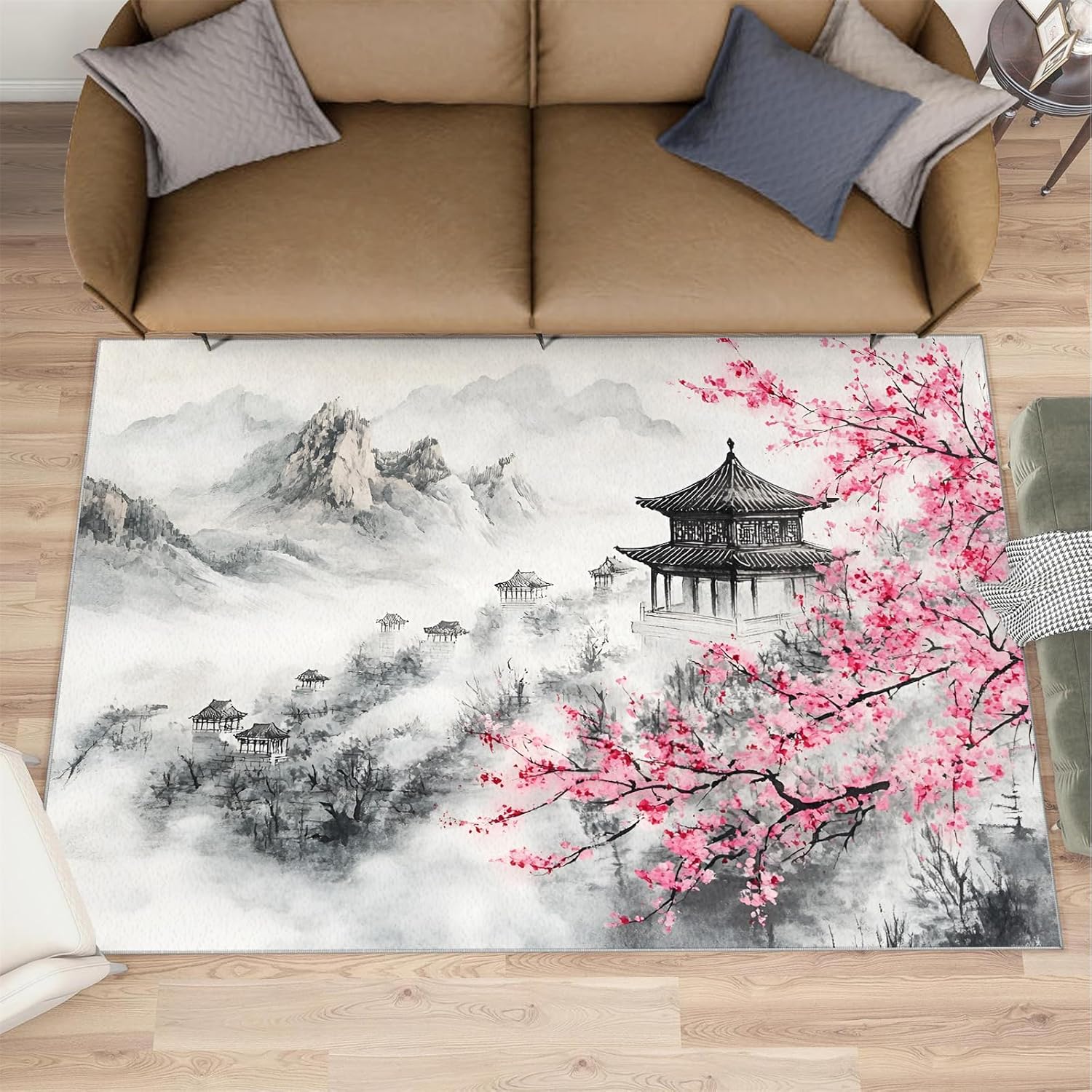 Japanese Rugs for Bedroom - 6x8 Rug, Cherry Blossom Area Rugs for Living Room, Ink Painting Mountains Carpet, Oriental Washable Mat, Japanese Home Decor & Gifts