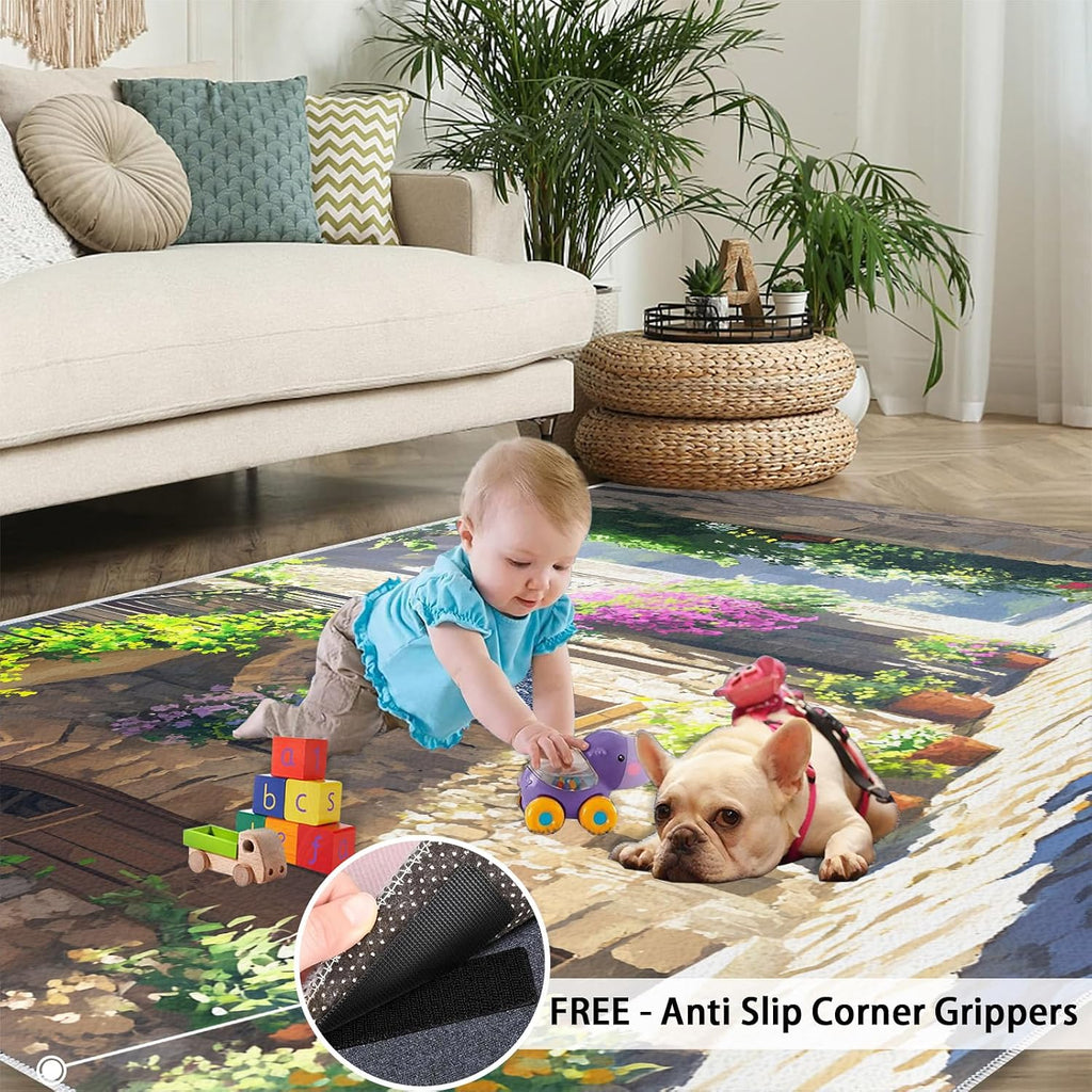 Tuscany Italy Rugs for Bedroom - 6x8 Rug, Italian Street Area Rugs for Living Room, Flowers Green Plants Carpet, Landscape Washable Area Mat, Italian Carpet, Italy Home Decor & Gifts