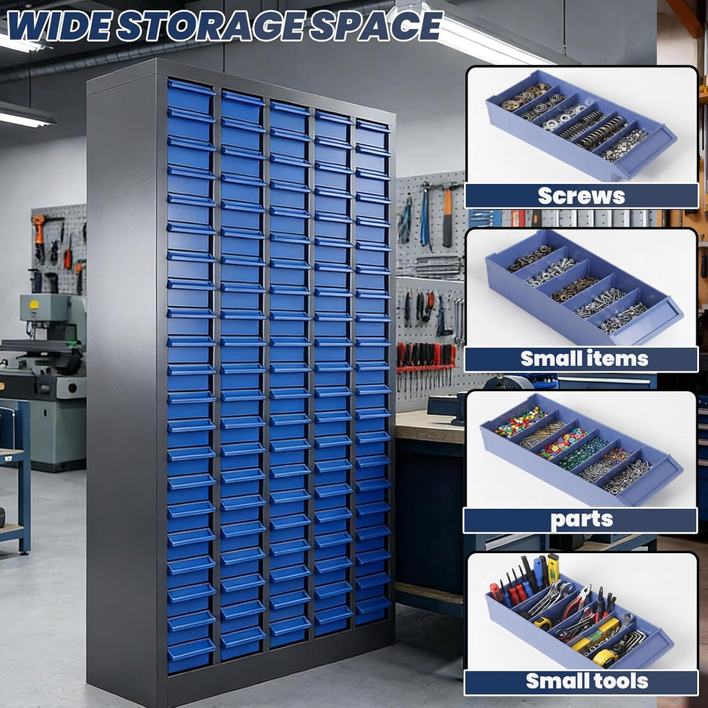 100 Drawers - Part Cabinet, Shelves & Label Stickers - Bolt and Nut Organizer Bolt Bin Cabinets, Durable Steel Tool Storage Cabinet for Garage/Workshop Small Parts/Hardware Organization