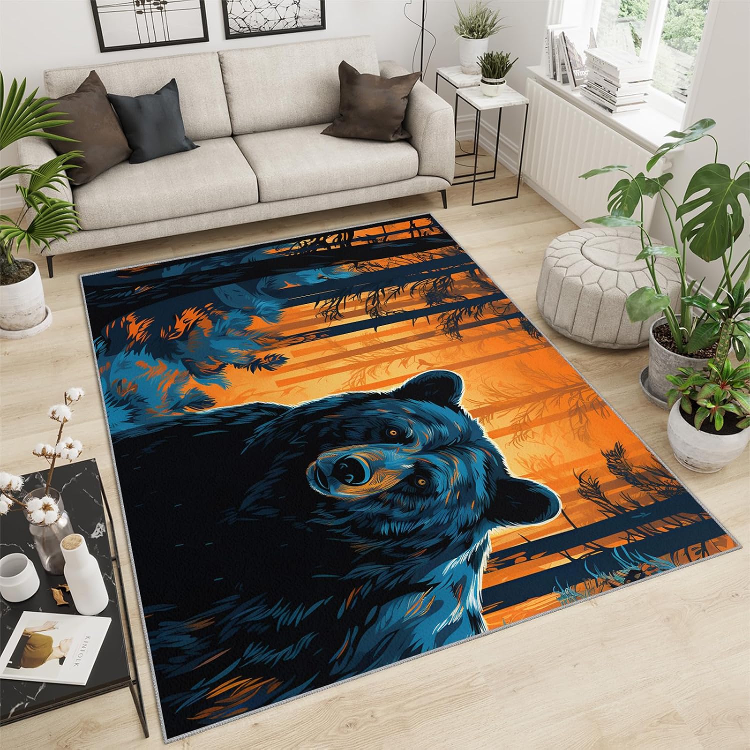Black Bear Rug for Kids Room - 6x8 Large Rug, Forest Animal Rugs for Bedroom Flame Jungle Area Rugs for Living Room Home Decor Washable Rug