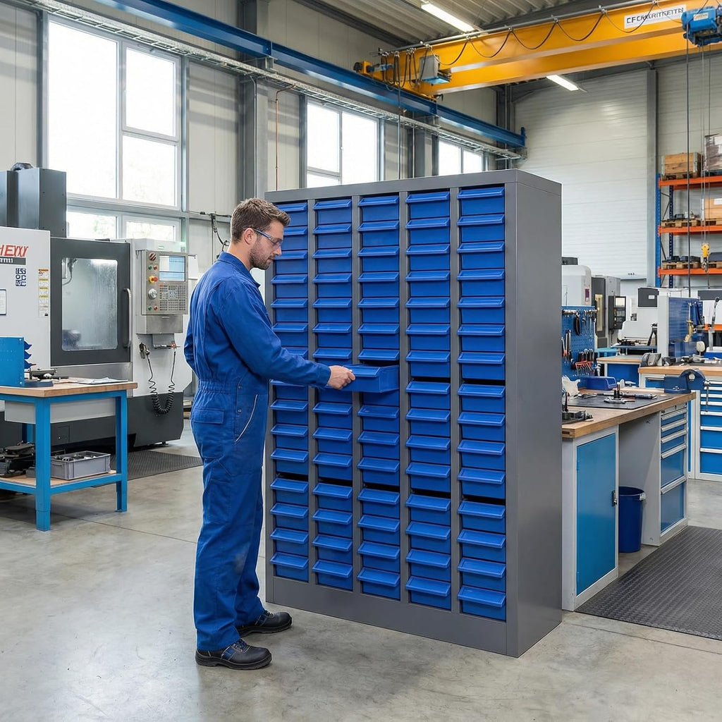 75 Drawers Parts Cabinet with Stainless Steel Frame & ABS Drawers, Bolt Organizer with 375 Dividers & Rear Stop Tabs, Nut and Bolt Bins for Garage Workshop Home
