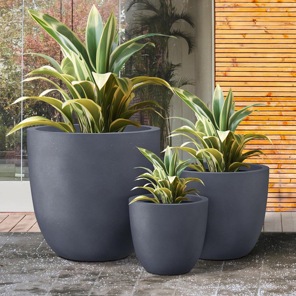 Kante 18',14',10' Dia Concrete Round Planters (Set of 3), Outdoor Indoor Large Planter Pots with Drainage Hole and Rubber Plug for Home Patio Garden, Charcoal