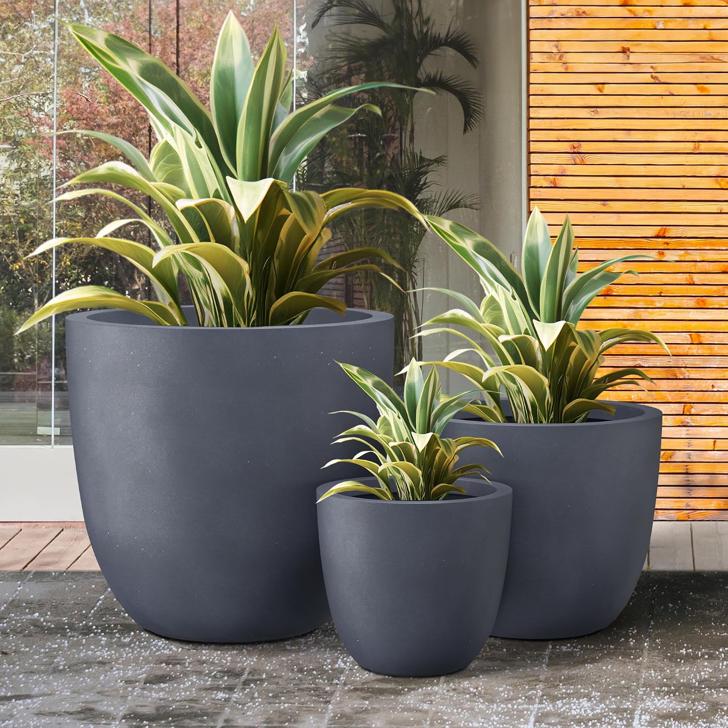 Kante 18',14',10' Dia Concrete Round Planters (Set of 3), Outdoor Indoor Large Planter Pots with Drainage Hole and Rubber Plug for Home Patio Garden, Charcoal