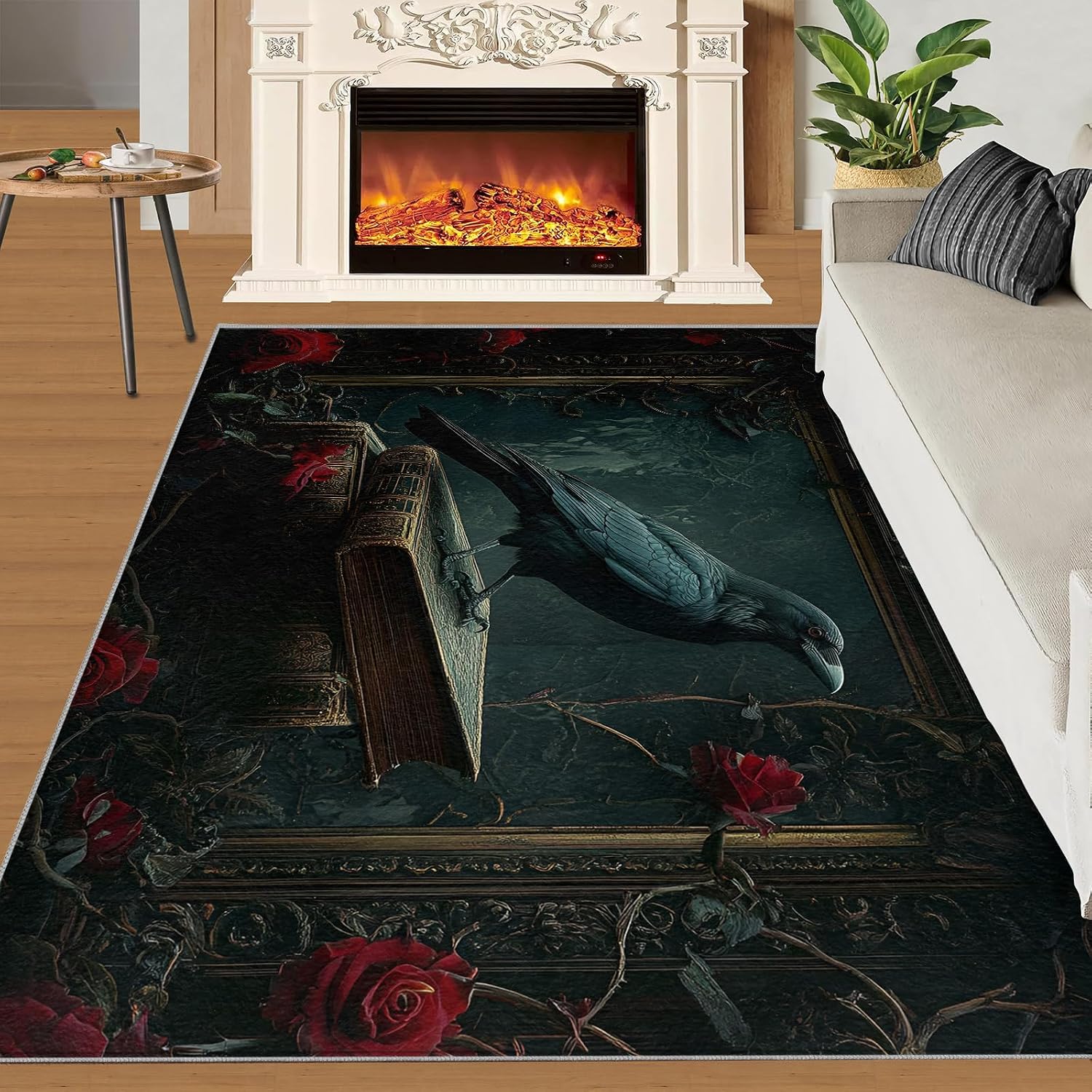 Crow Area Rug, Gothic Horror Kids Rugs, Non Slip Bedroom Rug for Living Room Kitchen Dining Room Decor Floor Mat 6x8
