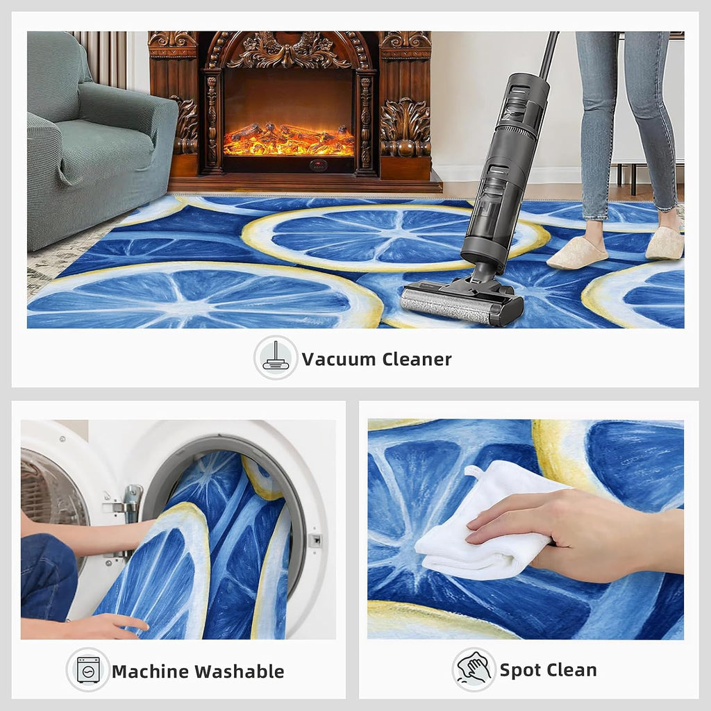Lemon Area Rug - 6x9 Rug, Blue Lemon Rugs for Living Room, Summer Washable Rugs for Bedroom, Non Slip & Low Pile, Indoor Carpet & Home Decor