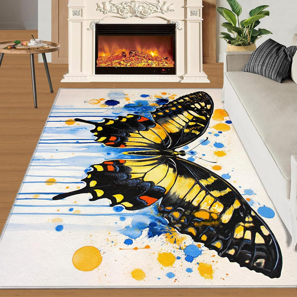 Butterfly Area Rug Large - 6x8 Rug, Moth Rugs for Living Room, Watercolor Carpet, Animal Washable Area Rugs for Bedroom, Kids Carpet, Butterfly Home Decor