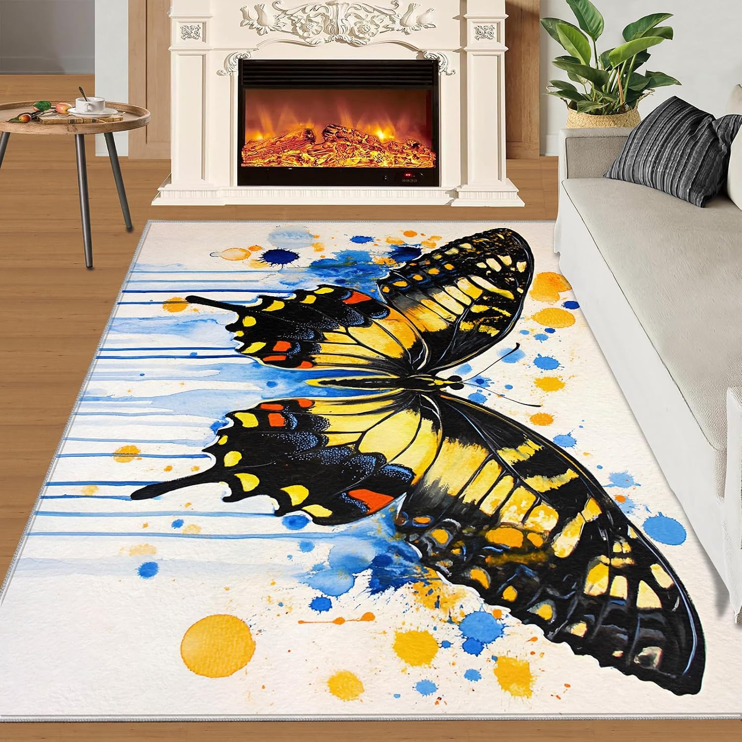 Butterfly Area Rug Large - 6x8 Rug, Moth Rugs for Living Room, Watercolor Carpet, Animal Washable Area Rugs for Bedroom, Kids Carpet, Butterfly Home Decor