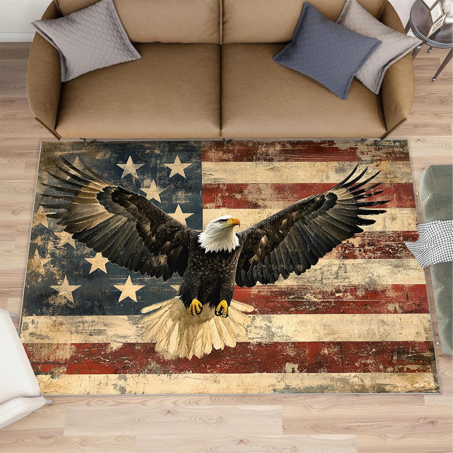 Bald Eagle Rug 6x8-6x8 Rug, American Flag Area Rugs for Living Room Bedroom, Patriotic Bird Area Rugs, Retro Washable Carpet, Bird Carpet, Bald Eagle Home Decor & Gifts