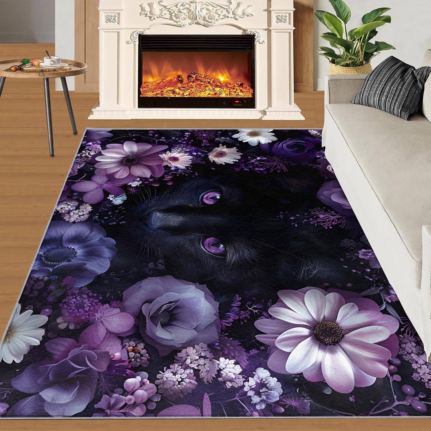 Black Cat Rug for Kids Room - 6x8 Large Rug, 3D Purple Eyes Cat Kitten Rugs for Bedroom Beautiful Flower Area Rugs for Living Room Home Decor Washable Rug