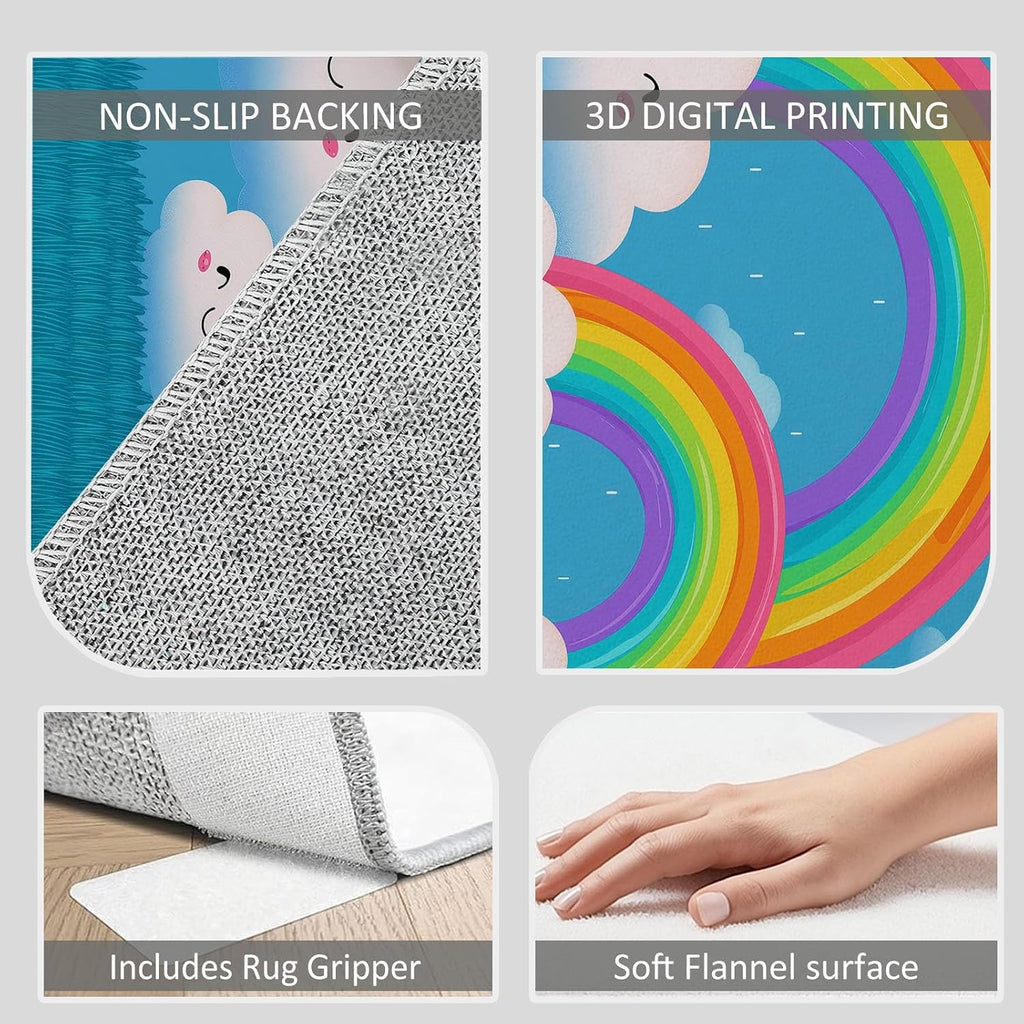 Cartoon Clouds Rainbow Area Rugs 5 x 7 ft for Kids Room Boys Girls, Blue Polyester Indoor Carpet - Machine Washable Non-Slip Soft Printed Rug for Bedroom Living Room Decor