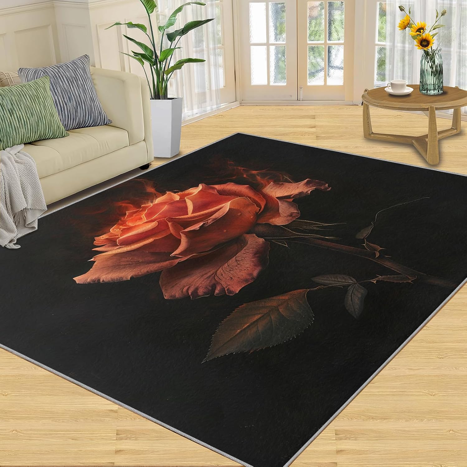 Area Rug 6x8ft, Red Rose Rugs, Simple Black Area Rug, Upholstery Carpet with Non-Slip Backing, Soft Washable Rug for Living Room Kids Boys Girls Bedroom Study Room