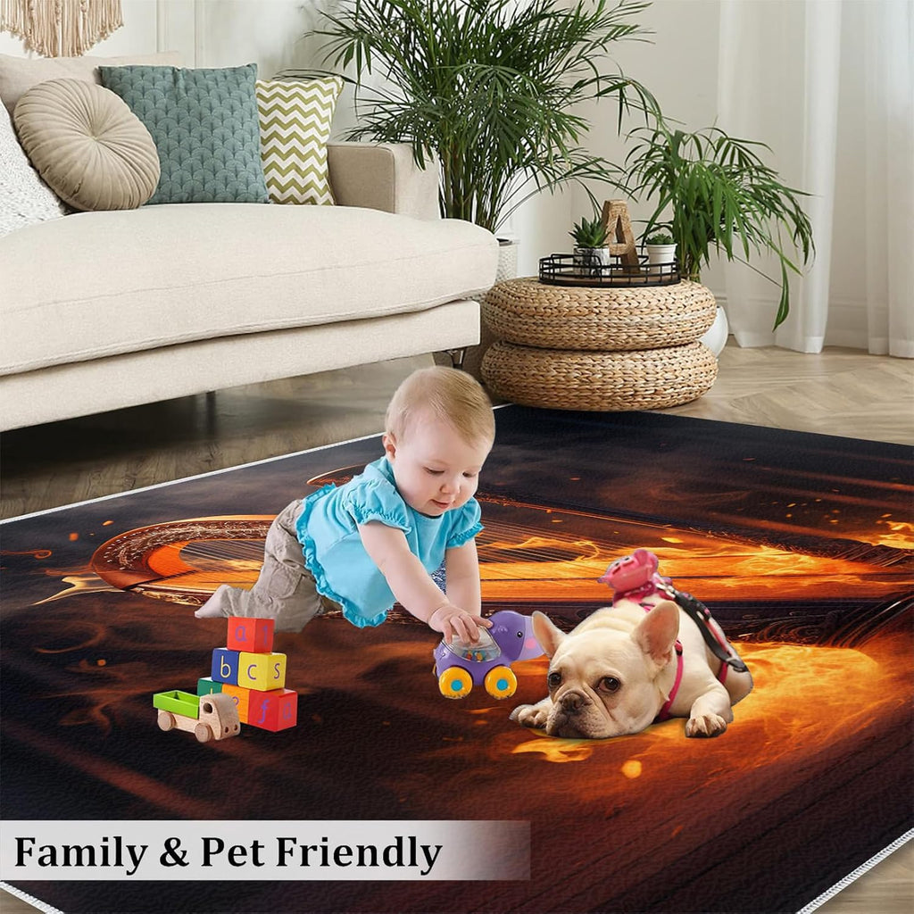 Harp Rug, 5.6x8 Area Rug, Flame Harp Rugs for Indoor, Golden Burning Instrument Rugs for Kids Bedroom, Notes Guitar Carpet, Crazy Music Washable Rugs for Living Dining Room