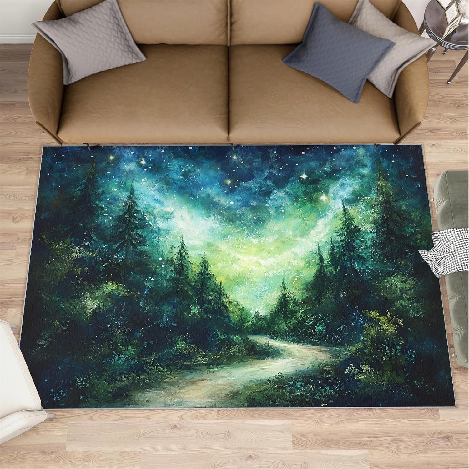 Forest Rug 6x8, Pine and Cypress Forest Rugs for Bedroom, Oil Painting Rugs for Living Room, Washable Area Rug for Boys Girls Bedroom, Low Pile & Non Slip Carpet