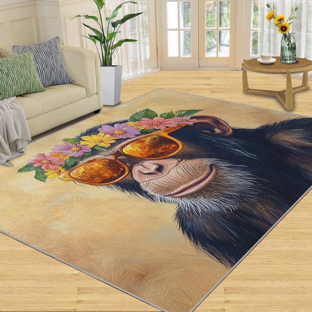 6x8 Chimp Area Rug - Chimpanzee Large Rugs for Living Room, Floral Crown Chimpanzee Carpet Area Rug for Girls Bedroom Kids Room Basement Office Classroom