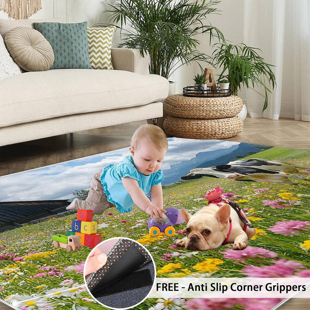Dairy Cows Rugs for Bedroom - 6x8 Area Rug - Western Farms Rugs for Living Room, Floral Animals Rug, Washable Home Decor Carpet
