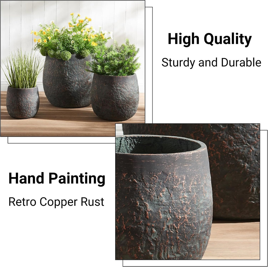 Wallowa 17.3'+12.9'+9.0' Dia Weathered Concrete Flower Pots, Modern Round Style Concrete Planter for Home, Garden, Patio, Courtyard, Bronze Rust Color, Set of 3