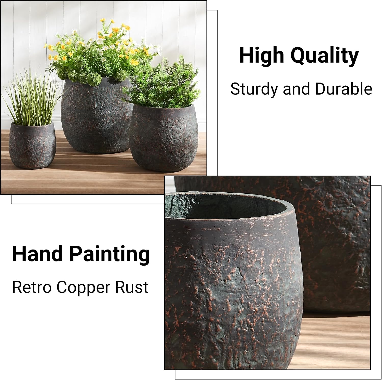 Wallowa 17.3'+12.9'+9.0' Dia Weathered Concrete Flower Pots, Modern Round Style Concrete Planter for Home, Garden, Patio, Courtyard, Bronze Rust Color, Set of 3