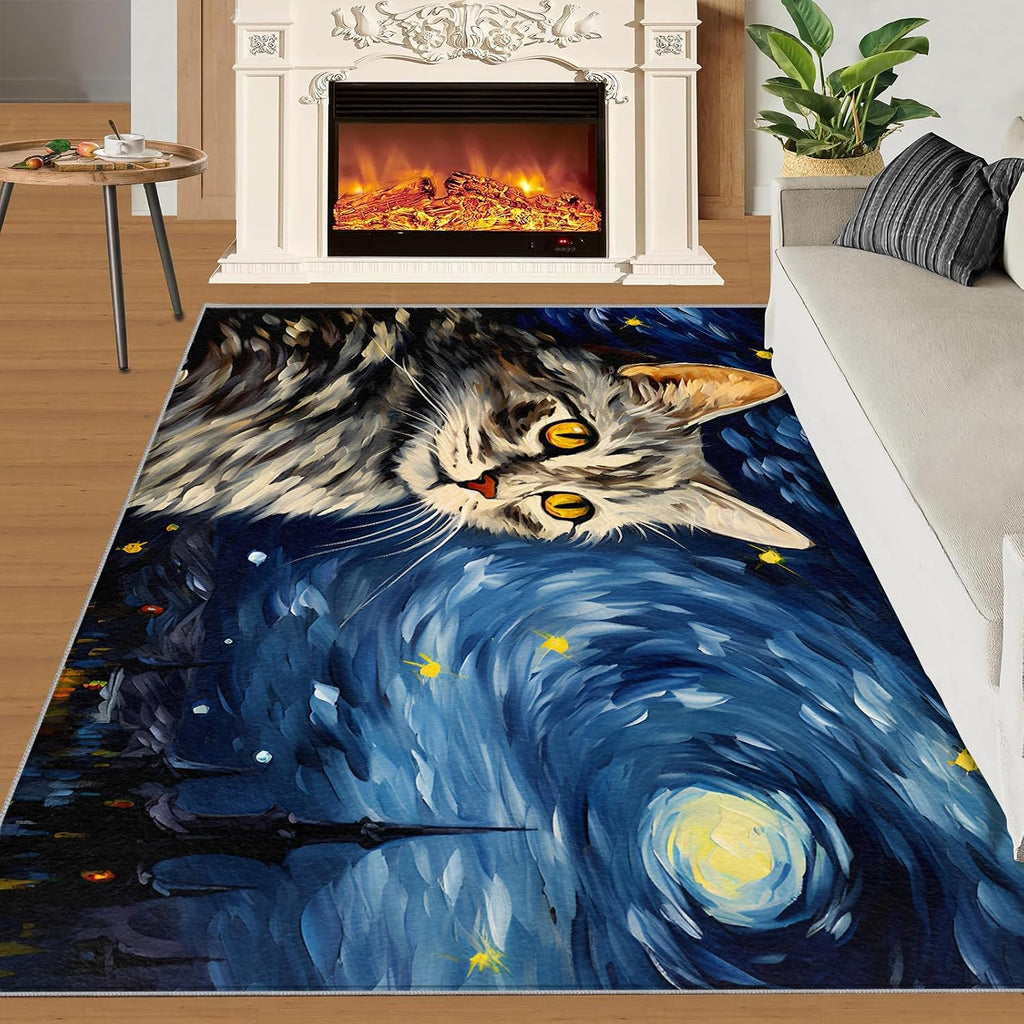 6x8 Area Rug - Starry Sky Pear Flower Cat Large Rugs for Living Room, Post-Impressionist Art Painting Carpet Area Rug for Girls Bedroom Kids Room Basement Office Classroom